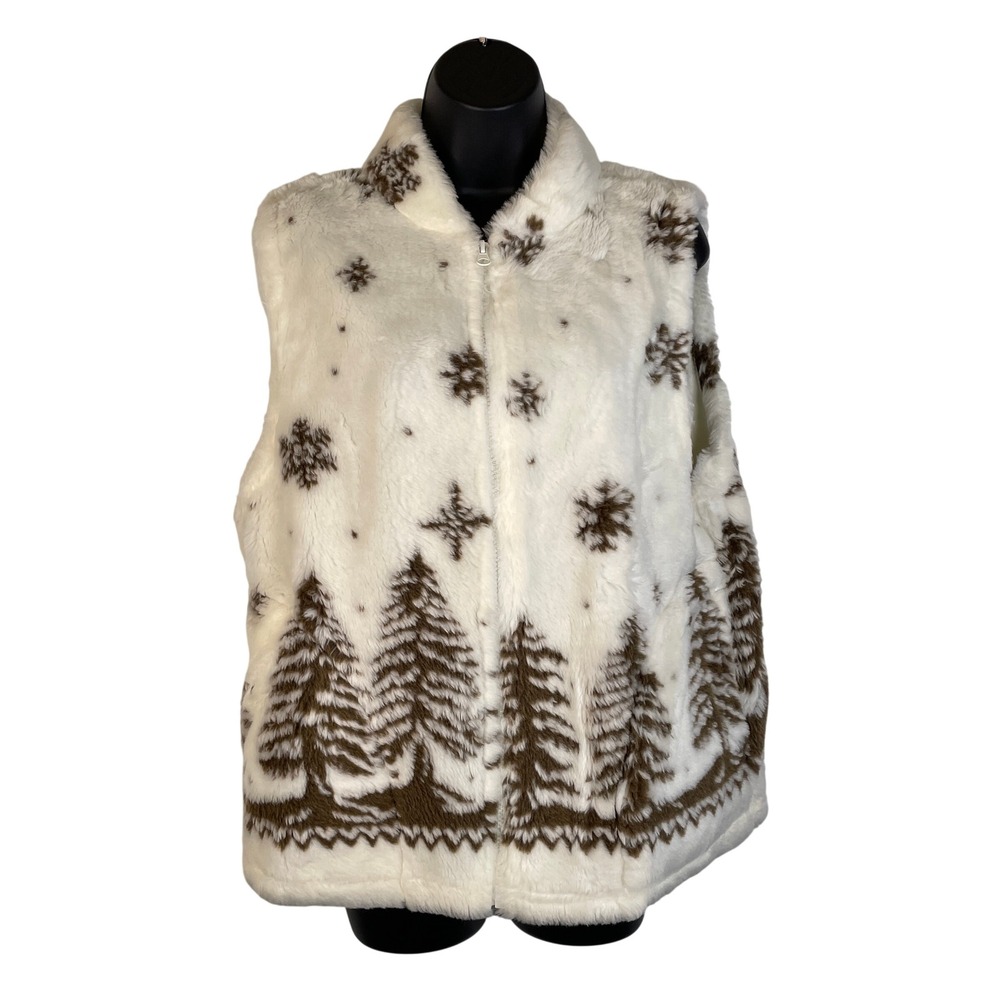 Cobblestone Canyon Faux Fur Vest Womens Large White Brown Pine Tree Snowflake